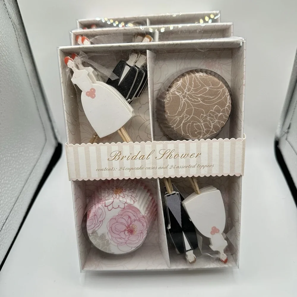 Set Of 2 New Bridal Shower Wedding Cupcake Liners & Picks Toppers 3 Packs 24